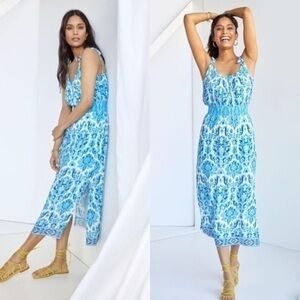 Anthropologie Plenty by Tracy Reese Blue Baroque Smocked Midi Dress Petite S NWT